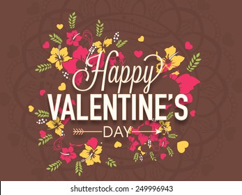 Colorful flowers decorated poster, banner or flyer with text Happy Valentines Day.