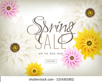 Colorful flowers decorated spring sale poster or banner design with 50% discount offer.