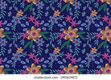 Colorful flowers design on blue background seamless pattern for fabric textile wallpaper.