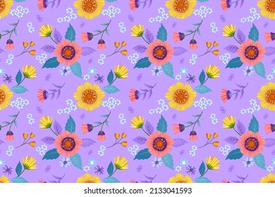 Colorful flowers design on purple color background seamless pattern. This pattern can be used for fabric textile wallpaper.