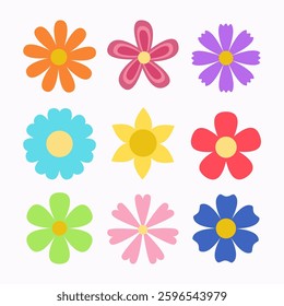 Colorful flowers. Different shape. Spring flower set. Chamomile, daisy, sun flower cornflower chrysanthemum. Fresh blooming elements. Growing concept. Flat design. White background. Isolated Vector