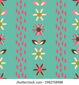 Colorful flowers and drops repeat pattern print