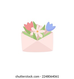 Colorful flowers in envelope, spring and summer - flat vector illustration isolated on white background. Floral bouquet in envelope as symbol of greeting. Mother s day and Women s day concepts.