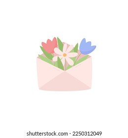 Colorful flowers in envelope, spring and summer - flat vector illustration isolated on white background. Floral bouquet in envelope as symbol of greeting. Mother s day and Women s day concepts.