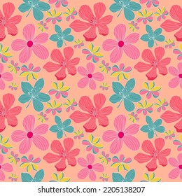 Colorful flowers fields theme seamless vector pattern design. Colorful flowers with white outline garden theme seamless vector repeat pattern. 
