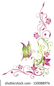 Colorful flowers and filigree ornament with butterfly, green and pink.