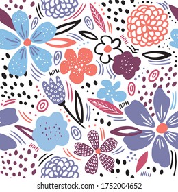 Colorful flowers flat hand drawn vector seamless pattern. Naive inflorescences, leaves. Decorative blossom, blooming vintage backdrop. Wrapping paper, textile, white background retro color design.