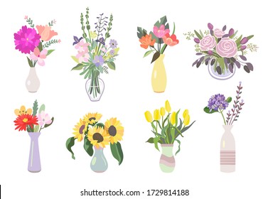 Colorful flowers flat icon pack. Bunch of plants bouquet in vases with vector illustration set. Rose, sunflowers, tulips and others. Decoration and nature concept