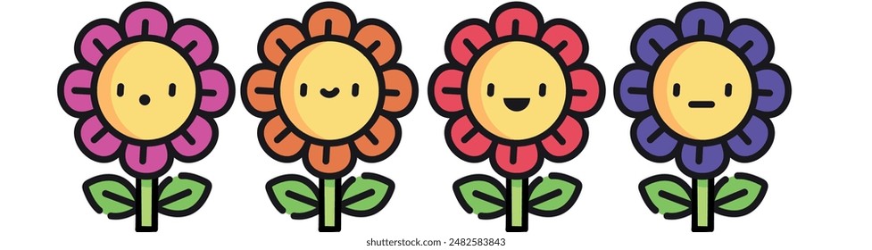 colorful flowers flat vector bright summer flower expression set