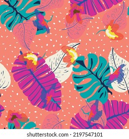 Colorful Flowers Floral Vector Seamless Pattern. Blue Jungle Plant Wallpaper. Pink Flower Painting Typography. Colours Tropical Leaves Print.