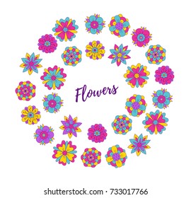 Colorful flowers floral wreath doodle round border