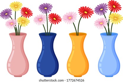 Colorful flowers in four vases on white background illustration