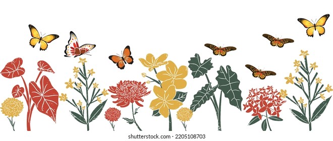 Colorful flowers garden and insects on white background