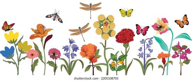 Colorful flowers garden and insects on white background