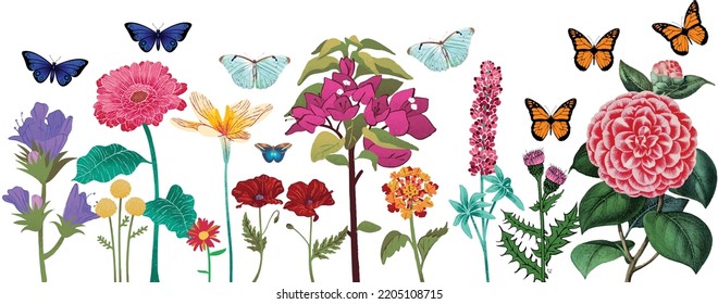 Colorful flowers garden and insects on white background