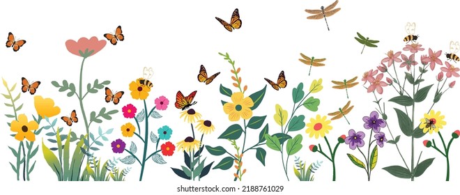 Colorful flowers garden on white background. Hand drawn illustration. Flowers, bee, dragonfly, butterfly and other elements