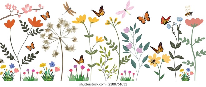 Flores de colores en el jardín sobre fondo blanco. Ilustración dibujada a mano. Flores, abejas, libélula, mariposa y otros elementos