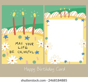 colorful flowers and glitter on birthday cake card,frame border card