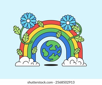 Colorful flowers and a globe under a rainbow for concepts related to the environment, nature awareness, or global themes