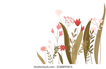 Colorful flowers and grasses arranged artistically against a clean white background, creating a fresh and vibrant aesthetic