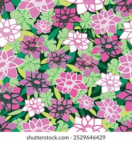 colorful flowers and green leaves lush green spring and summer floral seamless pattern. Lush green colorful flowers with leaves floral seamless pattern. suitable for tiles, decoration, wrapping.