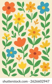 Colorful flowers and green leaves on a white background