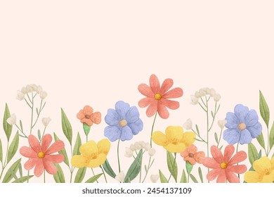 Bunte Blumen und grüne Blätter auf weißem Hintergrund gemalt – Stockvektorgrafik