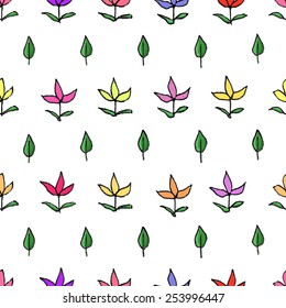 Colorful flowers and green leaves pattern