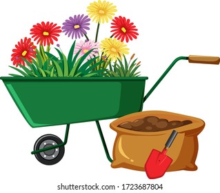 Colorful flowers in green wagon on white background illustration