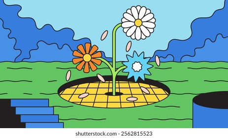 Colorful Flowers Growing from a Grid Surrounded by Blue Skies Cartoon Hand drawn illustration