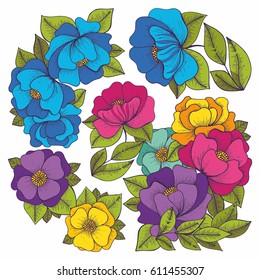 Colorful flowers. Hand drawing. Vector set for design and decoration of textiles, wallpapers, covers and packages