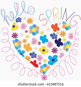 colorful flowers with heart and hello spring description and curls vector illustration
