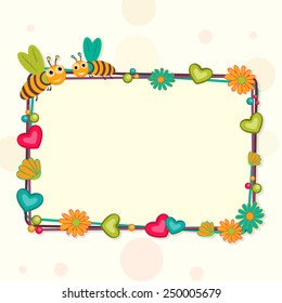 Colorful flowers and hearts decorated blank frame with cute bee couple in love for Happy Valentines Day celebration.