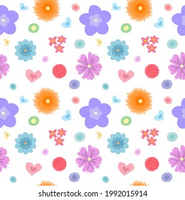 Colorful flowers and hearts vector. Seamless pattern.
