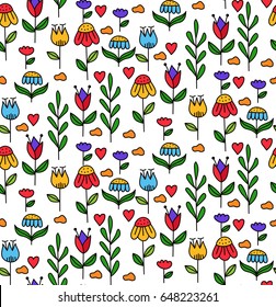 Colorful flowers herbal clouds doodle cute drawn seamless vector pattern
