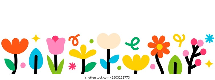 Colorful Flowers in Horizontal View Vector Illustration in Flat Style for Floral and Botanical Design