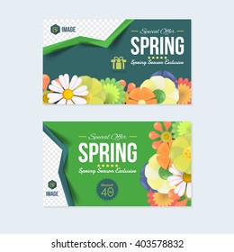 Colorful Flowers Illustration, Website Banner, Horizontal Header Design, Spring Season Sale Discount. 