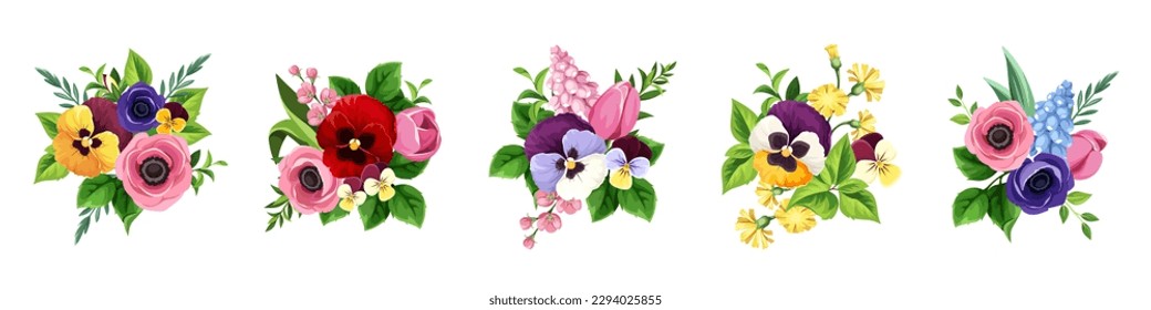 Colorful flowers isolated on a white background. Set of colorful tulip, pansy, anemone, and hyacinth flower bouquets. Vector illustrations