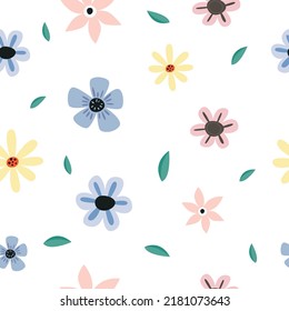 Colorful flowers and leaf drawings. Seamless pattern repeating texture background design for fashion graphics, textile prints, fabrics, wallpapers.