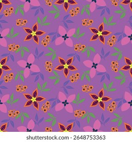 Colorful flowers with leaf on brown color background seamless pattern. Can be used for fabric textile wallpaper.