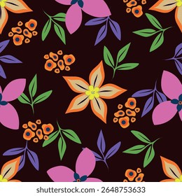 Colorful flowers with leaf on brown color background seamless pattern. Can be used for fabric textile wallpaper.