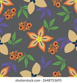 Colorful flowers with leaf on brown color background seamless pattern. Can be used for fabric textile wallpaper.