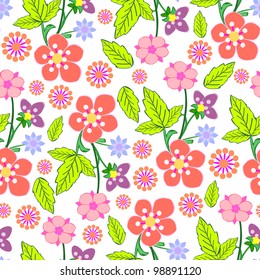Colorful flowers and leafs - seamless pattern