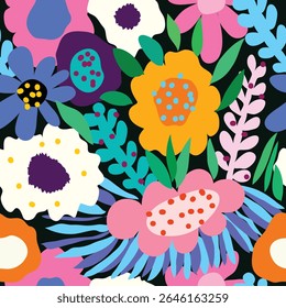 fleurs colorées avec feuilles et arrière-plan noir avec motif harmonieux à pois. jaune, blanc, crème, violet, rose, fleurs bleues avec des feuilles épineuses sur fond noir motif de répétition.