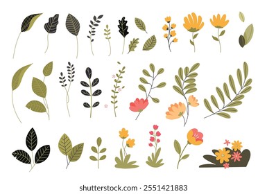 Colorful flowers and leaves creating a beautiful floral design element