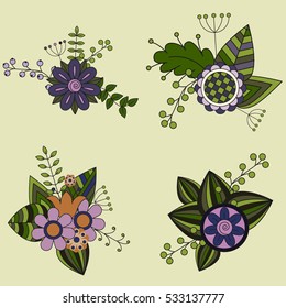 Colorful flowers and leaves. Floral bouquets. Vector illustration.