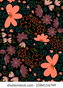 Colorful flowers with leaves on black background for branding, fabric print, wallpaper, social media post, doodle, notes, book covers, wall decor.