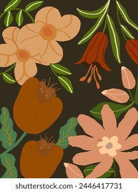 Colorful flowers with leaves on dark grey background for branding, fabric print, wallpaper, social media post, doodle, notes, book covers, wall decor.