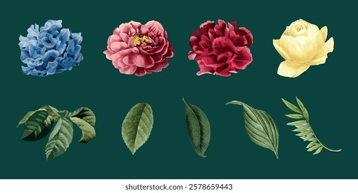 Colorful flowers and leaves on a dark background. Blue, pink, red, and yellow flowers. Green leaves. Botanical elements in a row. Nature-themed design. Spring flower illustrations, element vector set.