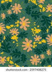 Colorful flowers with leaves on green background for branding, fabric print, wallpaper, social media post, doodle, notes, book covers, wall decor.
